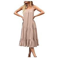 Beach Dresses for Women, Ladies Sexy Casual Suspender Loose Layered Pleated Dress Flowy Summer, S XXL