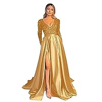 Prom Dresses Sequin V-Neck Long Sleeve Satin Floor-Length Formal Evening Party Gowns with Slit