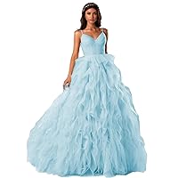 Women's Tulle Puffy V Neck Evening Dresses Long Ruched A Line Spaghetti Straps Engagement Party Gown