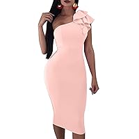 Mokoru Women's Sexy Ruffle One Shoulder Bodycon Elegant Cocktail Party Midi Dresses