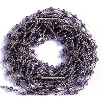 5 Feet Amethyst Hydro 3.50mm Beads Black Plated Wire Wrapped Beaded Rosary Style Link Chain.