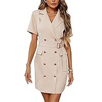 Dresses for Women - Double Breasted Belted Dress - Elegant Lapel Shirt with Short Sleeves