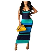 Yanfoam Women Color Block Rib Knit Bodycon Maxi Dress V-Neck Sleeveless Hollow Out See Through Sexy Party Long Maxi Dresses