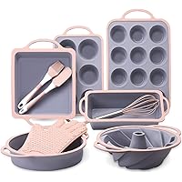 Silicone Bakeware Sets, 10in1 Silicone Baking Pans Set, Baking Set, Bundt Cake Pan Set Muffin Pan with Silicone Spatulas Pastry Brush Oven Mitts Whisk, Silicone Baking Pan Set for Cheesecake (Pink)