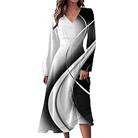 Plus Size Dresses for Curvy Women 2024 V Neck Causal Long Sleeve Printed Dresses Summer Flowy Loose Vintage Dress