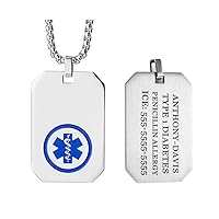 Medical Alert Necklace Stainless Steel Emergency ID Dog Tag Pendant for Men Women 24-28 Inches (Free Engraving)