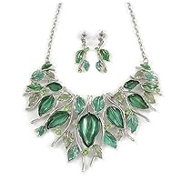 Stunning Green Crystal, Glass Leaf Necklace and Drop Earrings Set In Rhodium Plating - 41cm L/ 8cm Ext