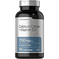Calcium Citrate 1260 mg | with Vitamin D3 1000IU | 250 Caplets | Vegetarian, Non-GMO, Gluten Free Supplement