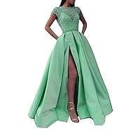 Women's Satin Side Split Prom Dresses Jewel Sheer Neck Evening Gowns