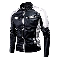 Men's Vintage Stand Collar Pu Leather Motorcycle Jacket Fashion Color Block Varsity Bomber Jacket Coat Outwear