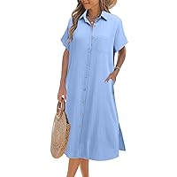 Zeagoo Womens Dress Summer Casual Short Sleeve Button Down Shirt Dress Beach Cover Up Dress with Pockets