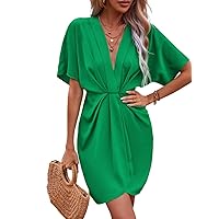 Wedding Guest Dress Solid Ruched Front Batwing Sleeve Dress