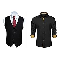 HISDERN Men's Suit Vest Business Formal Dress Waistcoat M and Black Gold Plaid Button Down Dress Shirt for Mens Tuxedo Wedding M