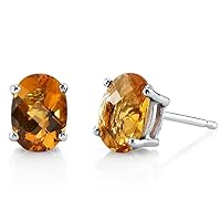 Peora 14K White Gold Genuine Citrine Earrings for Women, Classic Solitaire Studs, 7x5mm Oval Shape, 1.50 Carats total, Friction Back