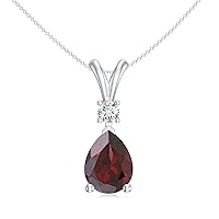 Natural Garnet Teardrop Pendant Necklace with Diamond for Women in 925 Silver / 14K Solid Gold