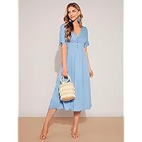 Women's Dress Dresses for Women Ruched Batwing Sleeve Fake Button -line Dress Dress (Color : Baby Blue, Size : Medium)