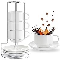 Mfacoy 8 Ounce Porcelain Cappuccino Cups with Saucers and Metal Stand, Stackable Coffee Cups for Specialty Coffee Drinks, Cappuccino, Latte, Espresso, Americano and Tea - White Cups Set of 4