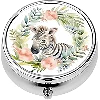 Mini Portable Pill Case Box for Purse Vitamin Medicine Metal Small Cute Travel Pill Organizer Container Holder Pocket Pharmacy Beautifully Watercolor Painting a Baby Zebra Surrounded by a Wreath co