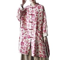 Chinese Traditional Batwing Sleeve Pink Flower Print Shirt Long Ethnic Style for Women