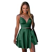 Juniors Spaghetti Straps Satin Homecoming Dress 2 Piece Prom Gown with Slit