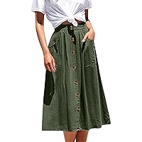 Women's Casual Summer Flowy Midi Skirts Button Decoration High Elastic Waist A-Line Solid Pleated Skirts with Pockets