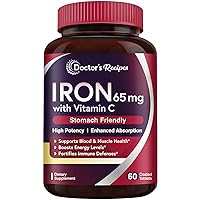 Doctor’s Recipes Iron 65 mg Carbonyl Iron with Vitamin C, Maximized Absorption Easy on The Stomach, Red Cells Formation, Blood, Heart, Brain, Muscle & Immunity Health, Vegan Non-GMO 60 Tablets