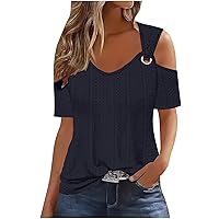 Short Sleeve Cold Shoulder Tops for Women Dressy Cut Out Eyelet Crochet Shirts Trendy Elegant Sexy Casual Blouse Navy