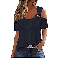 Sexy Cold Shoulder Tops for Women Dressy Cut Out Eyelet Crochet Shirts Trendy Short Sleeve Elegant Casual Blouses