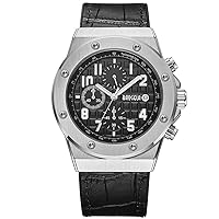BAOGELA Men's Watch Black Leather Strap Black Dial Silver Large Case Military with Chronograph Calendar Waterproof and Bright XL