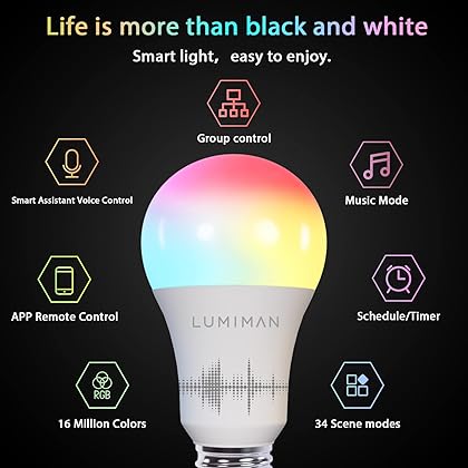 LUMIMAN Smart Light Bulbs, Full Color Changing Light Bulb, Music Sync, Warm to Cool White Smart Bulb, WiFi Alexa Light Bulb, A19 800LM 7.5W, Works with Alexa Google Home, No Hub Required, 2 Pack