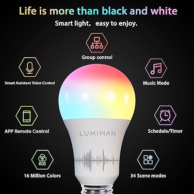 LUMIMAN Smart Light Bulbs, Alexa Light Bulb, WiFi Full Color Changing Light  Bulb, Music Sync, Warm to Cool White Smart Bulb, A19 800LM 7.5W, Works