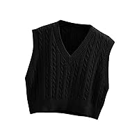 Women's V-Neck Knit Sweater Vest Solid Color Sleeveless Crop Knit Vest Preppy Style Sweaters