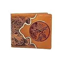 Western Men's Cowboy Leather Floral Tooled Laser Cut Multi Emblem Short Wallet in Multi Colors (50 Pesos (Tan/Beige))