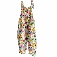 Akivide Women's Floral Print Linen Jumpsuits Casual Loose Sleeveless Spaghetti Strap Wide Leg Overalls Rompers