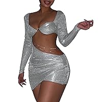 Bodycon Dress for Women Sexy Low Cut Corset Long Sleeve Sparkly Black Mini Dresses Hollow Out Chain Club Wear