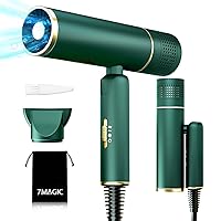 7MAGIC Fast-Drying Hair Dryer, Foldable Ionic with Storage Bag for Travel, Lightweight Portable Hairdryer for Women & Men, Negative, 2 Heating/Cold/2 Speed Settings, Green
