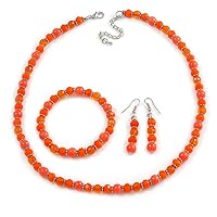 Avalaya Orange Glass/Ceramic Bead with Silver Tone Spacers Necklace/Earrings/Bracelet Set - 48cm L/ 7cm Ext
