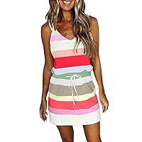 Women's Summer Casual Fashion Gradient Stripe Print Pocket Suspender Waist Drawstring Casual Dress(Hot Pink-C,Small)