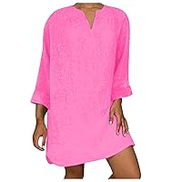 Women Basic Long Sleeve V-Neck Tunic Shirt Dress Plus Size Cotton Linen Casual Loose Solid Color Swing Mini Dresses