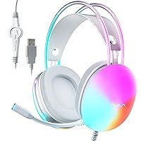 USB Gaming Headset with Mic for PC, RGB Rainbow Backlit Headphone, Virtual 7.1 Surround Sound, 50mm Driver, Soft Memory Earmuffs, Wired Laptop Desktop Computer Headset, Pink, S505