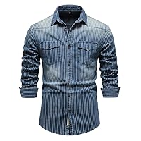Cotton Men Denim Shirts Striped Stretch Long Sleeve Jeans for Casual Slim Cowboy Man