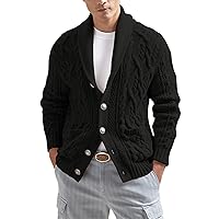 Mens Cardigan Sweaters Button Down Cable Knitted Solid Warm Outwear Shawl Collar Casual Fall Winter Cardigan with Pocket
