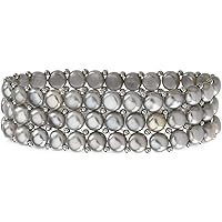 Solid 925 Sterling Silver Freshwater Cultured Grey Pearl 3 Row Stretch Bracelet (Width = 18mm)