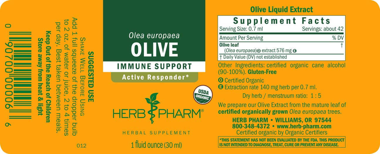 Herb Pharm Certified Organic Olive Leaf Liquid Extract for Immune System Support - 1 Ounce