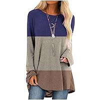 Womens Tops Dressy Casual Long Sleeve Color Block Tunic Shirts Creneck Loose Comfy Flowy Long Tshirt Blouses