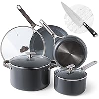 Greater Goods Savvy Ceramic Nonstick Cookware Set (10pc) and Chef Knife (Stainless Steel) Midnight Gray Bundle