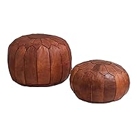 Moroccan Round Leather Pouf | Handcrafted Footstool | Ottoman | Floor Cushion | Hand-Stitched Berber Design | Unique Home Decor | Gift Idea | unstuffed (16'' W x 12'' H [ SMALL], Brown)