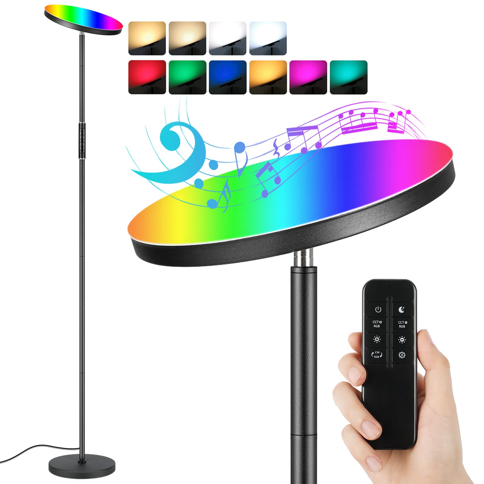 Smart LED Floor Lamp Remote Control, Super Bright Tall Standing Lamp, Touch Dimmable Torchiere Black Floor Lamp Color Changing, RGBCW Slim Uplight ...