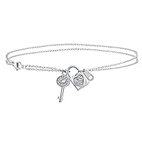 Bling Jewelry Romantic Cubic Zirconia Pave CZ Multi Charm Lock & Key Hearts Charm Anklet Ankle Bracelet For Women Girlfriend Teens .925 Sterling Silver Adjustable 8.5 To 10 Inch With Extender