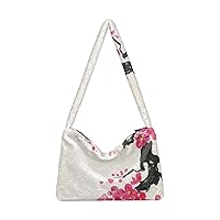 Ladies Soft Plush Underarm Bag Blossoming-oriental-cherry-branch Fluffy Shoulder Bag Women Furry Purse Handbag